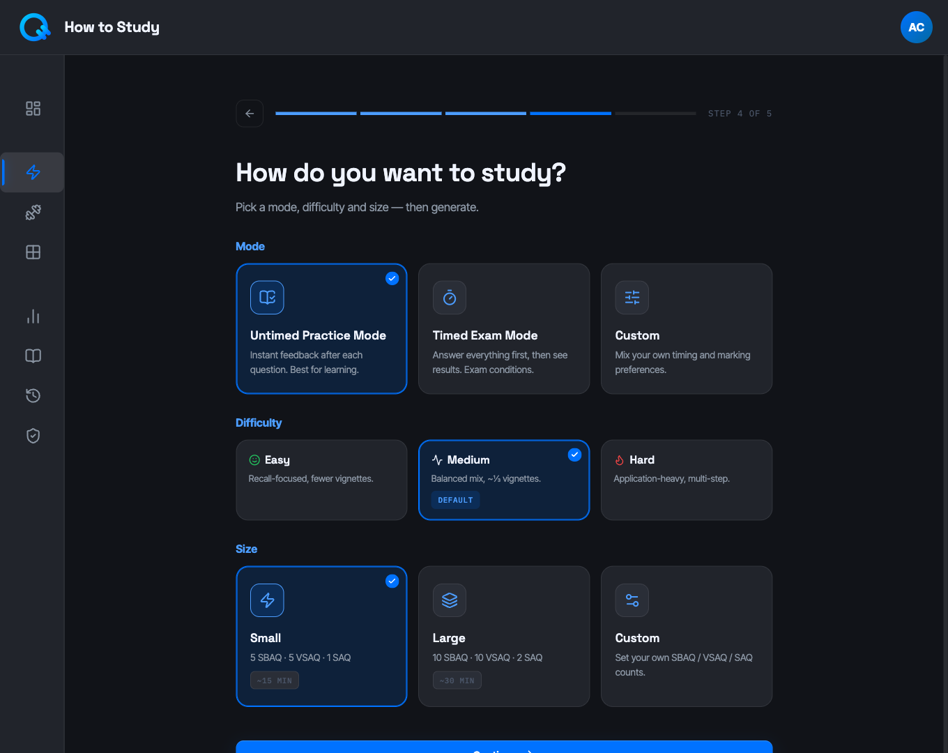 ImpulsiQ exam builder mode-selection step
